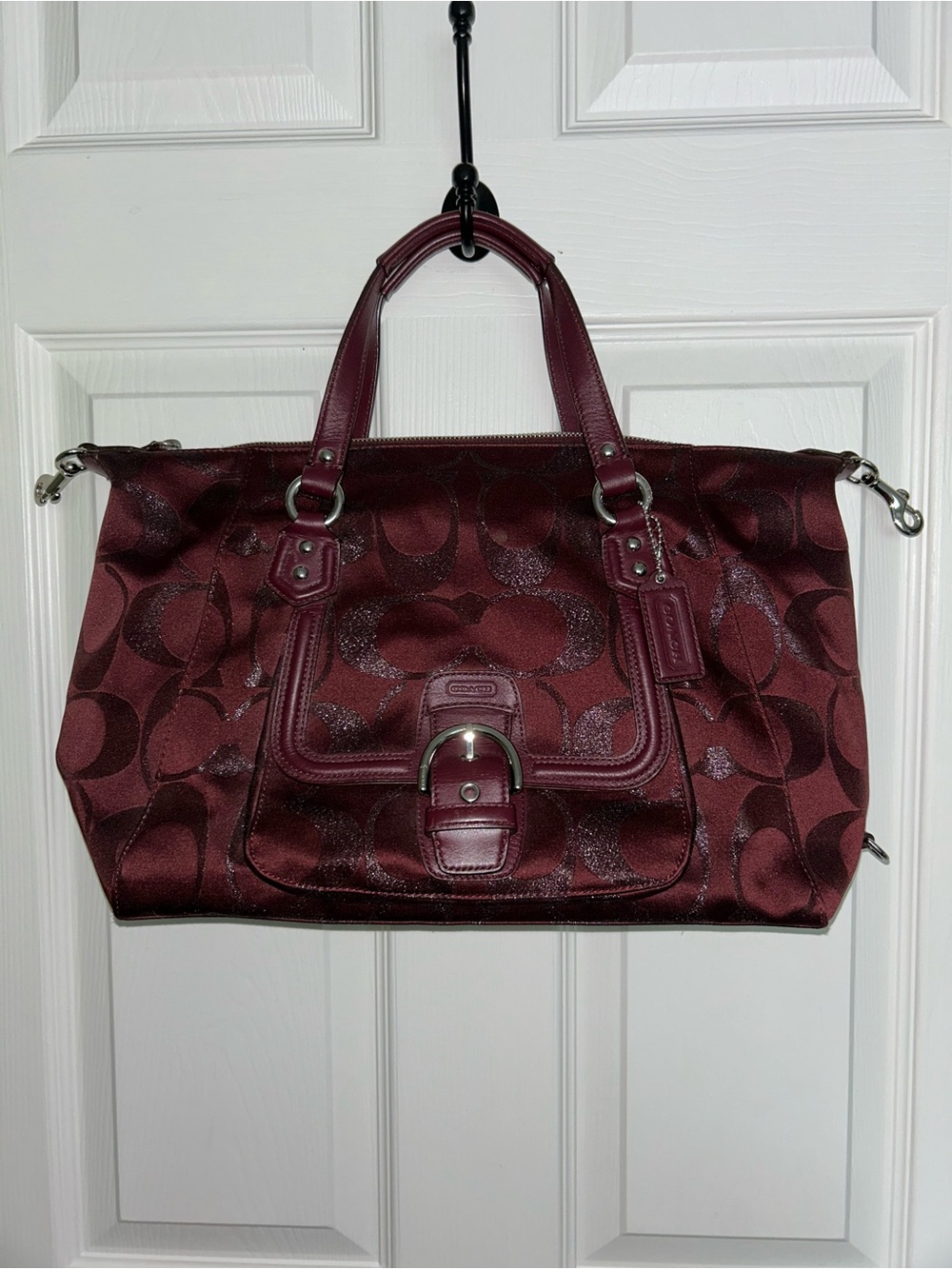 Coach Burgundy Signature Logo Tote with Leather Trim